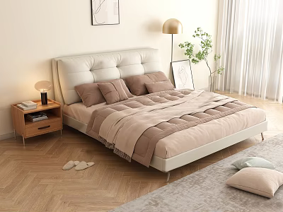 Modern Upholstered Double Bed With Brown Pillows Quilted Comforter Wooden Nightstand And Floor Lamp 3d model