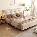 Modern Upholstered Double Bed With Brown Pillows Quilted Comforter Wooden Nightstand And Floor Lamp