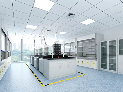 Laboratory Interior Design With Lab Benches Fume Hoods Storage Cabinets Windows And Warning Lines 3d model