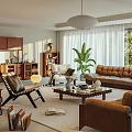 Cozy Living Room Interior With Brown Leather Sofa Wooden Coffee Table Green Plant And Pendant Light