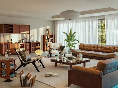 Cozy Living Room Interior With Brown Leather Sofa Wooden Coffee Table Green Plant And Pendant Light 3d model