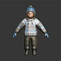 Cartoon Character In Winter Outfit With Blue Pom Pom Hat Plaid Coat And Gloves
