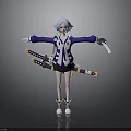 Anime Character With Light Blue Hair Blue White Coat Black Shorts Two Swords Standing Pose