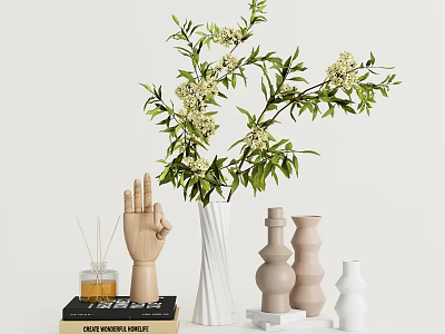 Decorative Ornament Set Featuring Green Plant White Vase Wooden Hand Decor Aromatherapy Books Ceramic Vases 3d model