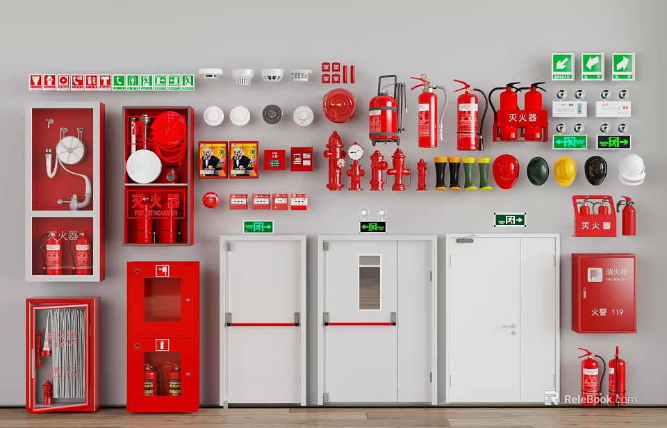 Various Fire Safety Equipment Including Extinguishers Cabinets Exit Signs Hydrants And Alarms 3d model 