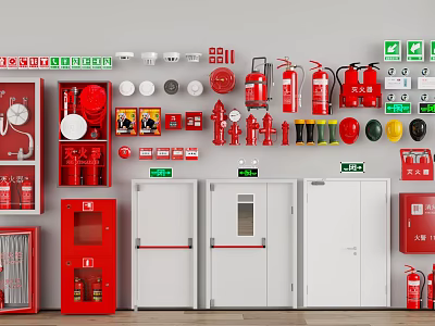 Various Fire Safety Equipment Including Extinguishers Cabinets Exit Signs Hydrants And Alarms 3d model