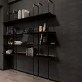 Modern Black Metal Bookcase With Gold Accents And Layered Shelves For Books And Decorations