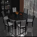 Elegant Round Dining Table Set With Marble Pattern Top And Six Black White Chairs 3d model