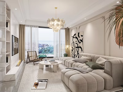 Modern Cream Tone Living And Dining Room Design With Cozy Sectional Sofa And Large Window 3d model