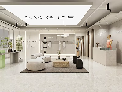Modern Clothing Store Interior With Clothing Racks Mannequins Sofa Pendant Lights And Display Counter 3d model