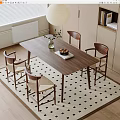 Minimalist Wooden Dining Table Set with Four Chairs Greenery Fruit Tray and Checkered Rug