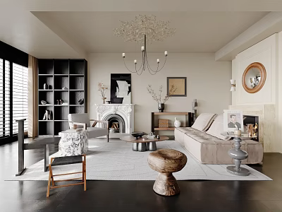 Elegant Modern Living Room Interior With Chandelier Bookshelf Fireplace Sofa And Rug 3d model