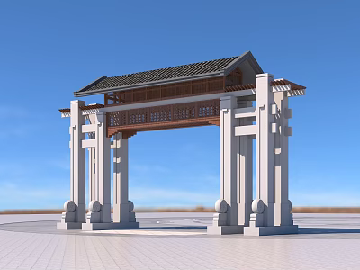 Traditional Chinese Paifang Archway With Tiled Roof And Stone Pillars Under Blue Sky 3d model