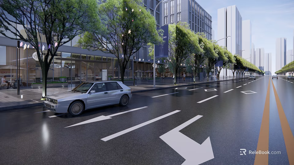 Modern Urban Road Facilities With White Arrows Trees Street Lamps And Tall Buildings 3d model 