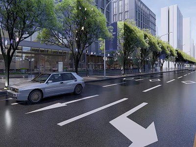 Modern Urban Road Facilities With White Arrows Trees Street Lamps And Tall Buildings 3d model