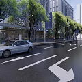 Modern Urban Road Facilities With White Arrows Trees Street Lamps And Tall Buildings