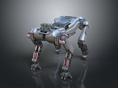 Futuristic Robotic Quadruped With Metallic Silver Body Articulated Mechanical Legs And Green Lights 3d model