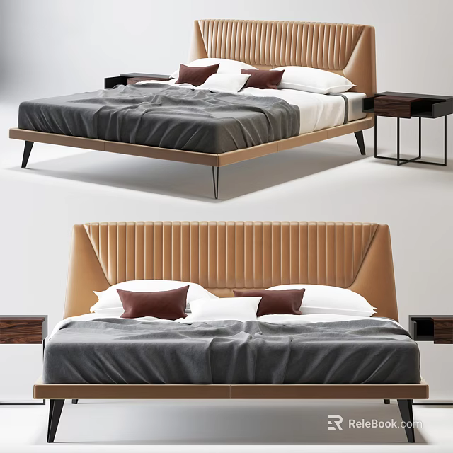 Modern Double Bed With Upholstered Beige Headboard Gray Bedding And Side Tables 3d model