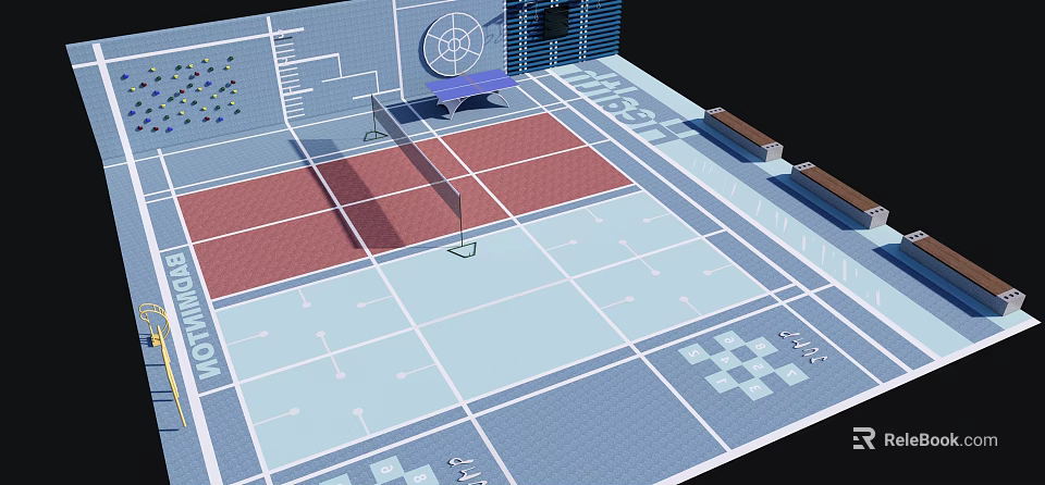 Residential Landscape Aerial View With Tennis Court Blue Leisure Area Paths Benches And Signs 3d model 