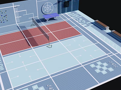 Residential Landscape Aerial View With Tennis Court Blue Leisure Area Paths Benches And Signs 3d model