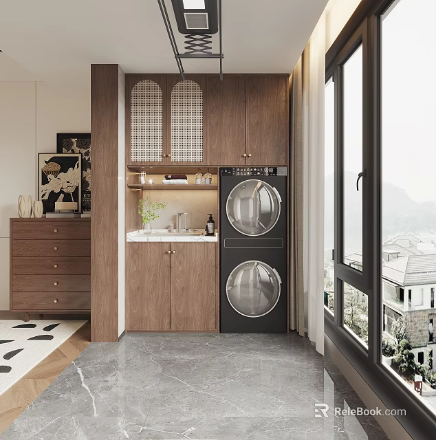 Home Balcony Design With Stacked Washer Dryer Wooden Cabinets Countertop Potted Plants And Scenic Windows 3d model 