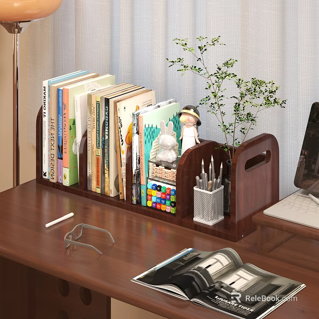 Wooden Bookshelf on Desk with Books Decorative Figurines Plant and Stationery 3d model 