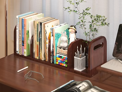 Wooden Bookshelf on Desk with Books Decorative Figurines Plant and Stationery 3d model