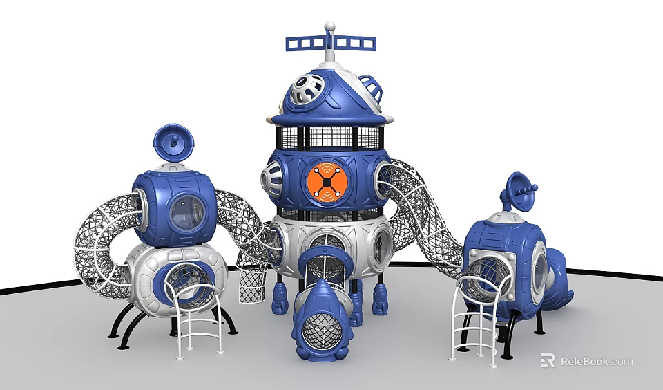 Robot Themed Kids Play Area With Blue White Slides And Climbing Structures 3d model