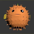 Cartoon Style Orange Puffer Fish With Spikes Green Fin And Black Eyes