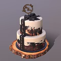 Two Tiered Cake With Black White Drizzle Decorations And Top Ornament On Rustic Wooden Base