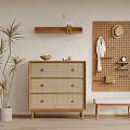 Natural Entryway Cabinet Sideboard With Wooden Drawers Pegboard Bench And Plant Decor