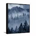 Misty Forest Landscape Painting With Tall Pine Trees And Serene Mountain View