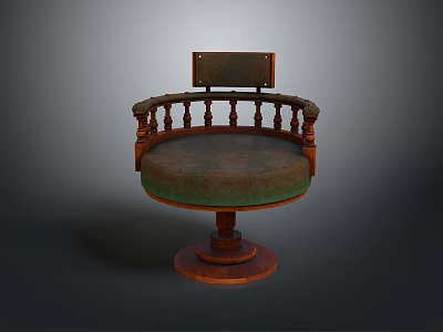 Vintage Wooden Armchair with Round Green Cushion Decorative Railings and Circular Base 3d model