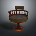 Vintage Wooden Armchair with Round Green Cushion Decorative Railings and Circular Base