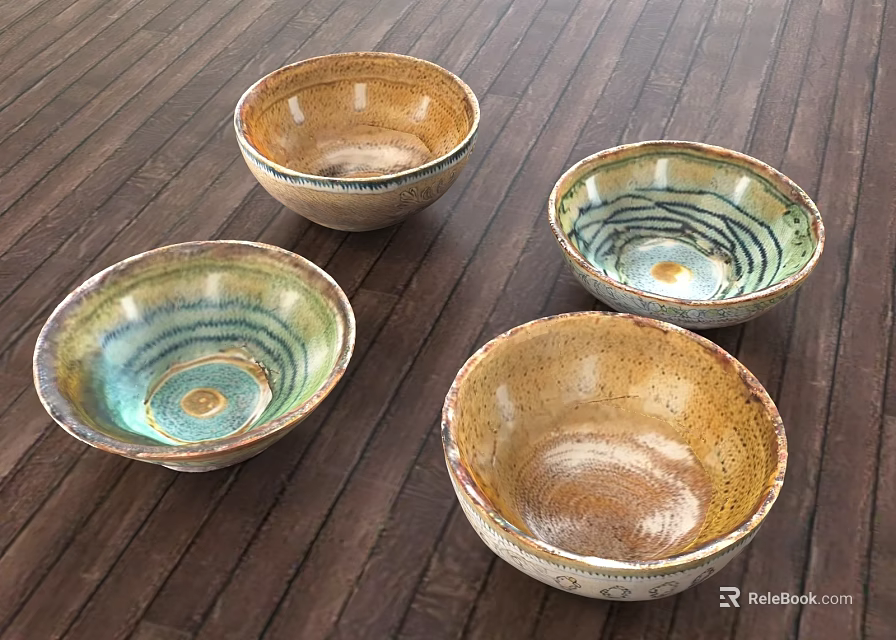 Handcrafted Ceramic Dinnerware Set with Four Colorful Bowls and Spiral Patterns on Wooden Tabletop 3d model 