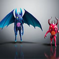 Blue And Red Fantasy Creature Characters With Horns And Wings