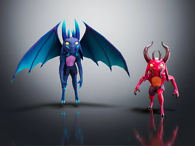 Blue And Red Fantasy Creature Characters With Horns And Wings 3d model