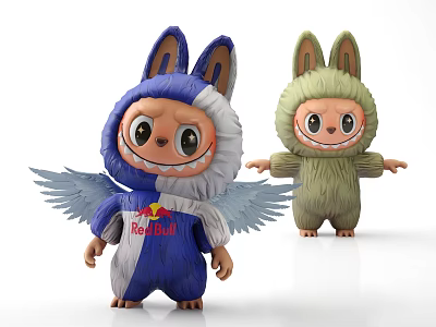 Cute Rabbit Themed Dolls Featuring Winged Red Bull Design and Green Fluffy Outfit 3d model