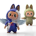 Cute Rabbit Themed Dolls Featuring Winged Red Bull Design and Green Fluffy Outfit