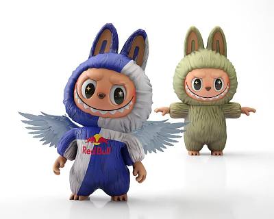 Cute Rabbit Themed Dolls Featuring Winged Red Bull Design and Green Fluffy Outfit 3d model