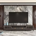 Modern TV Background Wall With Marble Panel Wooden Frames Decorative Clocks And TV Stand 3d model