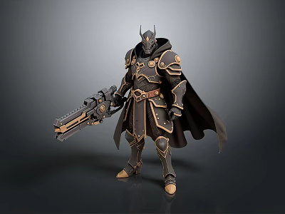 Horned Fantasy Warrior Character With Dark Armor Cloak And Large Gun Weapon 3d model