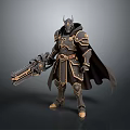 Horned Fantasy Warrior Character With Dark Armor Cloak And Large Gun Weapon