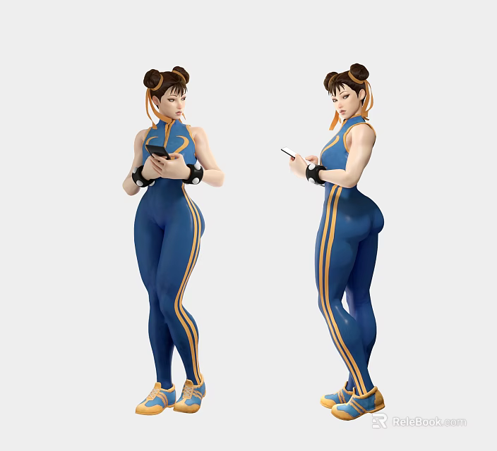 Game And Movie Character In Blue Bodysuit With Yellow Stripes Holding Smartphone Double Bun Hairstyle 3d model 