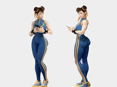Game And Movie Character In Blue Bodysuit With Yellow Stripes Holding Smartphone Double Bun Hairstyle 3d model