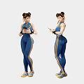 Game And Movie Character In Blue Bodysuit With Yellow Stripes Holding Smartphone Double Bun Hairstyle