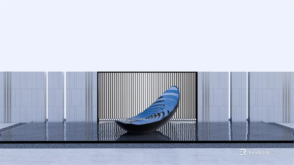 Modern Blue Boat Shaped Landscape Sculpture on Water Surface with Vertical Slatted Screen 3d model 