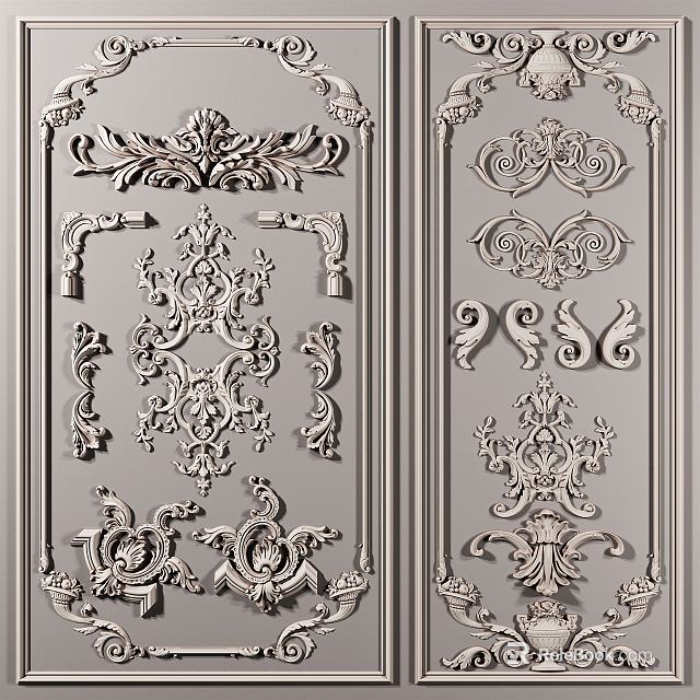 Intricate Carvings With Floral Scroll Patterns On Decorative Wood Panels For Furniture 3d model 