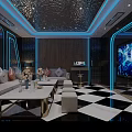 Modern KTV Interior Design With Blue Lighting Large Screen And Black And White Floor Tiles