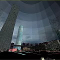Urban Night Landscape With Illuminated Skyscrapers Green Trees And Open Square